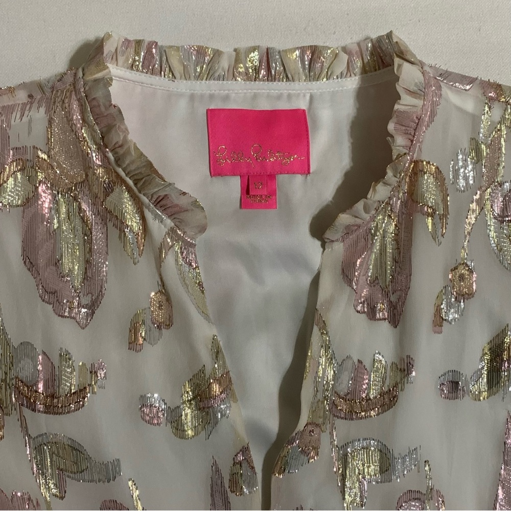 Lilly Pulitzer Sarita Silk Tiered Dress Coconut Rose Gold Metallic - Picture 7 of 14